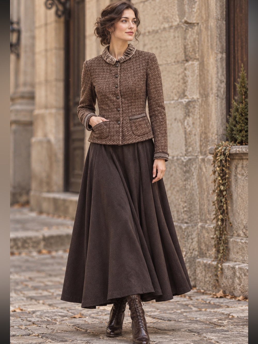 Tahari Brown Tweed Button-Front Blazer with Velvet Collar